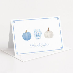 Preppy Blue White Chinoiserie Pumpkins Baby Shower Letterpress Thank You Card