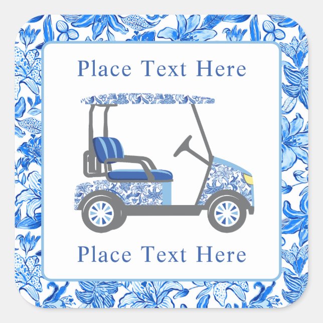 Preppy Blue & White Flowers Golf Cart Square Sticker (Front)