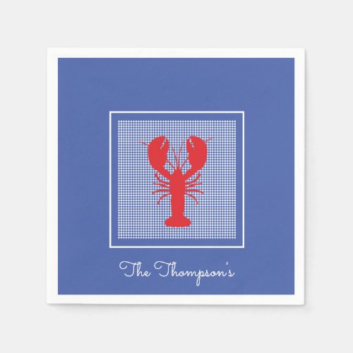 Preppy Blue White Gingham Red Lobster Custom Name Napkins