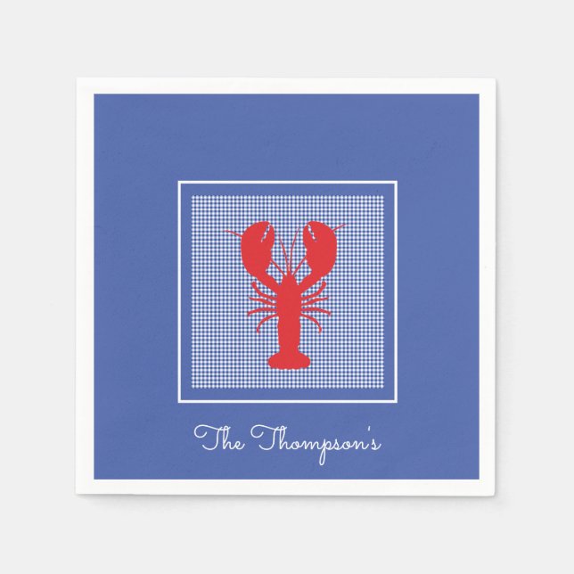 Preppy Blue White Gingham Red Lobster Custom Name Napkins (Front)