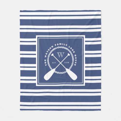 Preppy Blue White Lake House Monogram Fleece Blanket