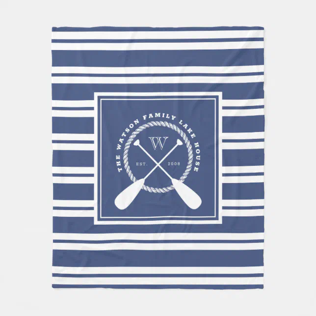 Preppy Blue White Lake House Monogram Fleece Blanket | Zazzle