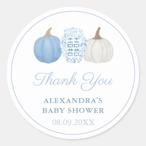Preppy Blue  White Pumpkin Wedding Shower Favor Classic Round Sticker