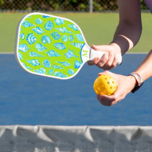 Preppy Blue White Sea Shells Monogram Lime Green Pickleball Paddle