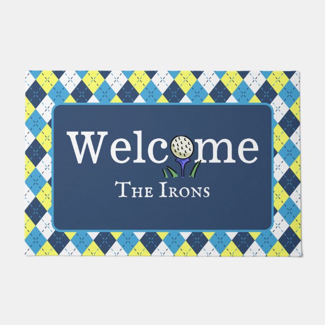 Preppy Blue Yellow Argyle Personalize Golf Welcome Doormat (Front)