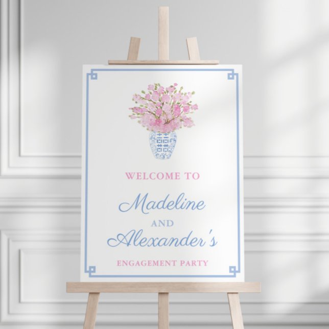 Preppy Blush And Sky Blue Engagement Party Welcome Foam Board (Sky Blue and ballet pink ginger jar pink blossom stems engagement party welcome sign)