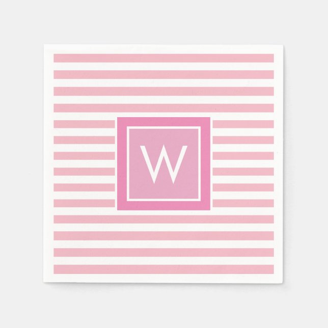 Preppy Blush Pink and White Stripe Monogram Napkins (Front)