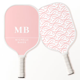 Preppy Blush Pink Ribbon Bow Personalized Monogram Pickleball Paddle