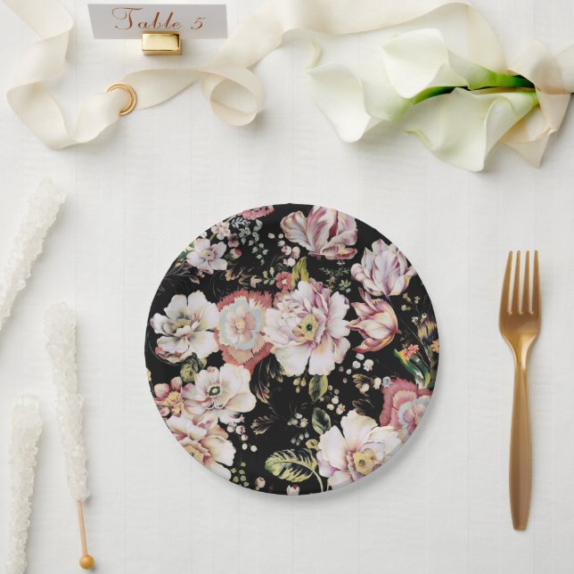 Preppy bohemian country girly chic black floral paper plates (Wedding)
