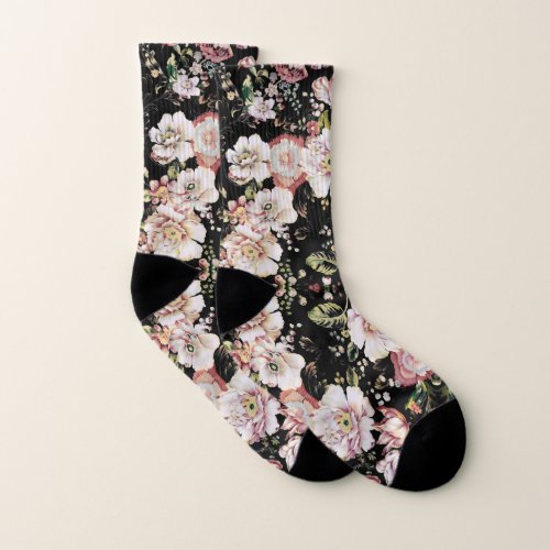 Preppy bohemian country vintage black floral socks