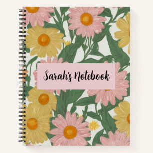 Preppy Boho Pink & Yellow Daisy Floral Custom Note Notebook