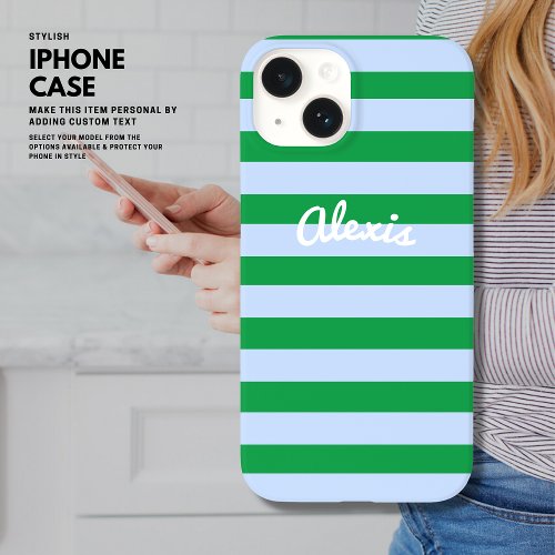 Preppy Bold Retro Stripe Pink Green Personalized Case_Mate iPhone 14 Case