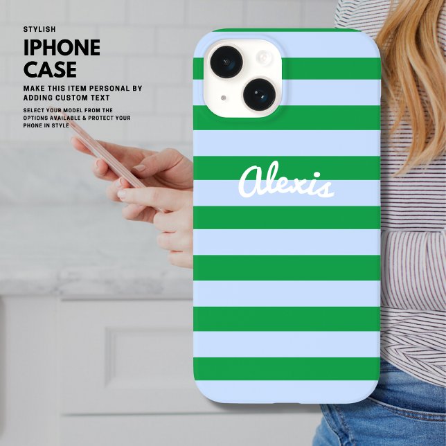 Preppy Bold Retro Stripe Pink Green Personalized Case-Mate iPhone Case (Creator Uploaded)