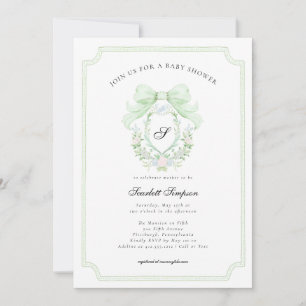 Preppy Botanical Green Bow Monogram Baby Shower   Invitation