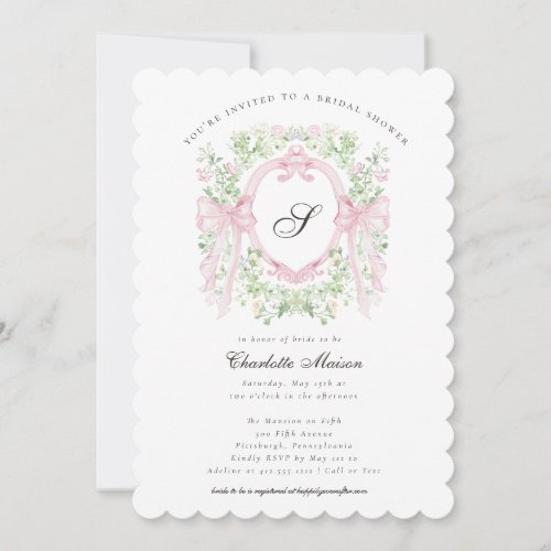 Preppy Botanical Pink Bow Monogram Baby Shower   I Invitation