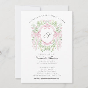 Preppy Botanical Pink Bow Monogram Baby Shower I Invitation