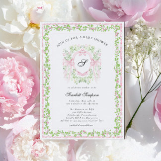Preppy Botanical Pink Bow Monogram Baby Shower Invitation
