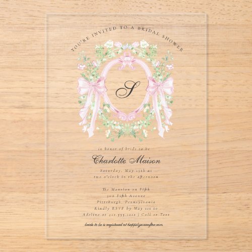Preppy Botanical Pink Bow Monogram Bridal Shower  Acrylic Invitations