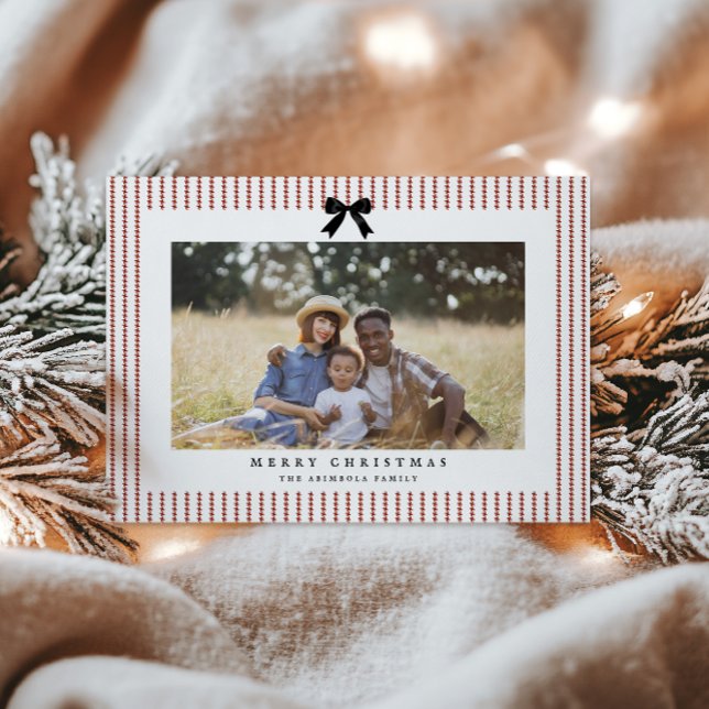 Preppy Bow Crimson Stripe Photo Holiday Card (Creator Uploaded)