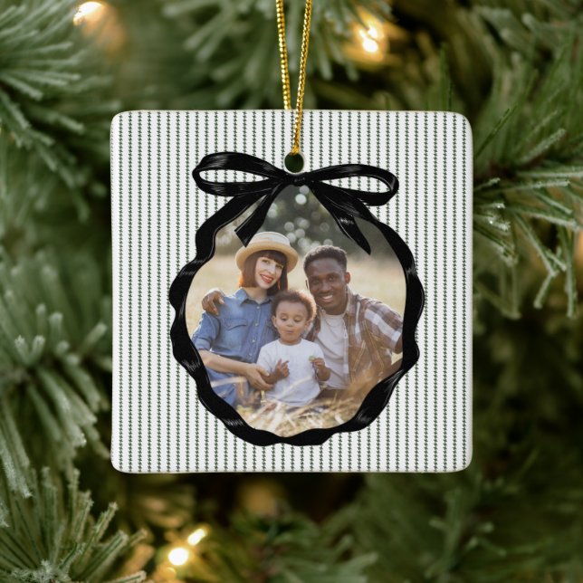 Preppy Bow Frame Pine Photo Ceramic Ornament (Tree)