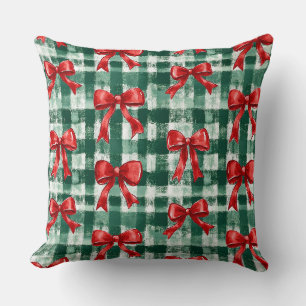 Preppy Bow Green Plaid Christmas Throw Pillow