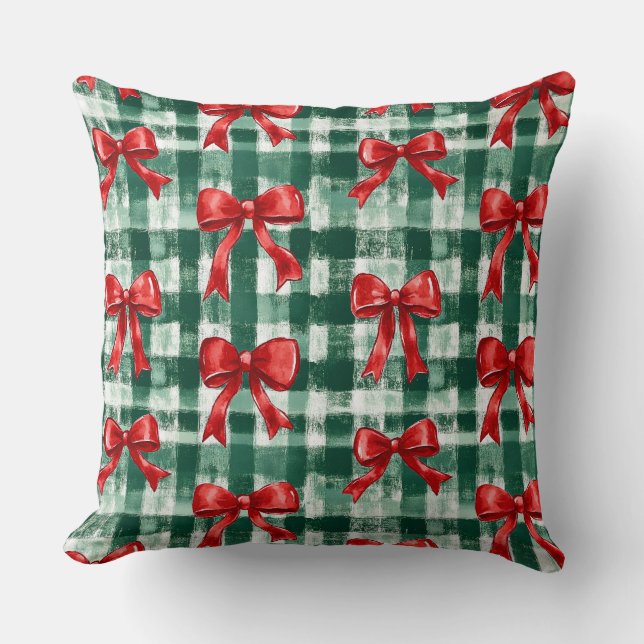 Preppy Bow Green Plaid Christmas Throw Pillow (Front)