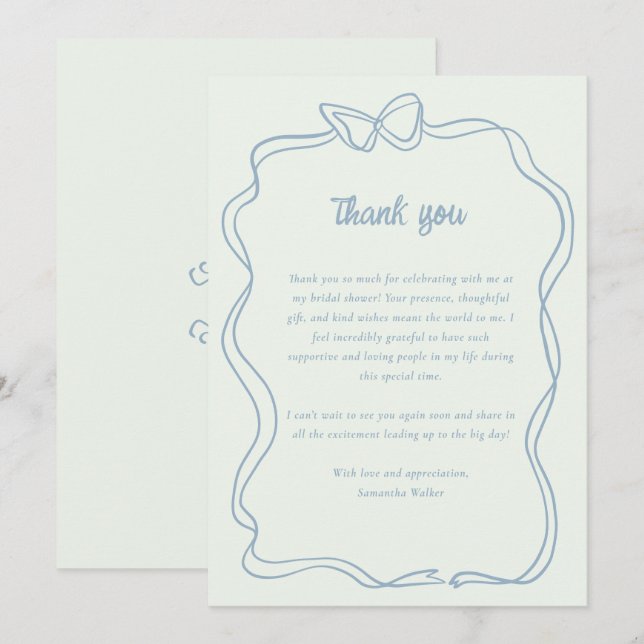 Preppy Bow Mint Green Blue Bridal Shower Thank You Card (Front/Back)