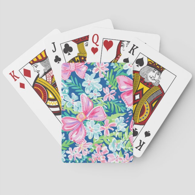 Preppy Bows Flowers Tropical Blue Poker Cards (Back)