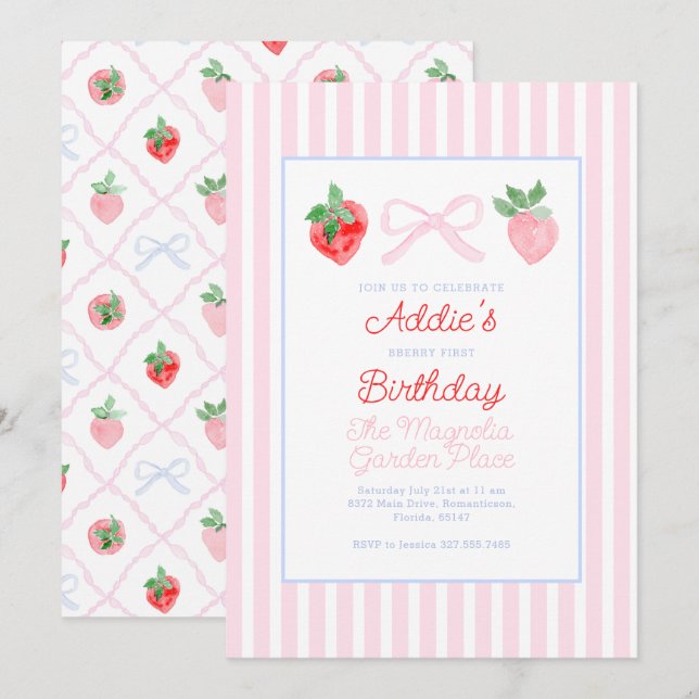 Preppy Bows & Strawberries Berry First Birthday Invitation (Front/Back)