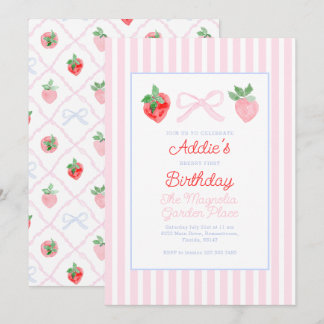 Preppy Bows & Strawberries Berry First Birthday Invitation