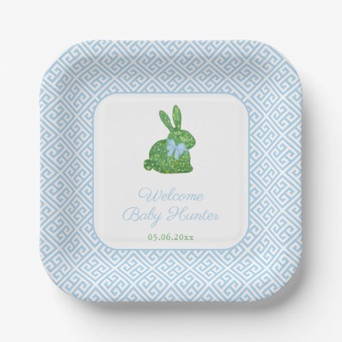 Preppy Boxwood Bunny Baby Boy Shower Paper Plates