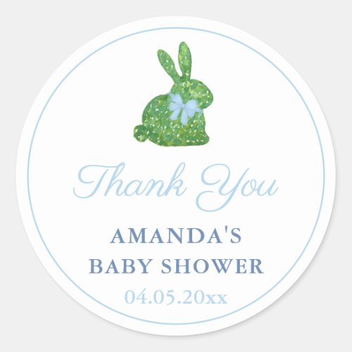 Preppy Boxwood Bunny Blue Bow Baby Shower Favor Classic Round Sticker