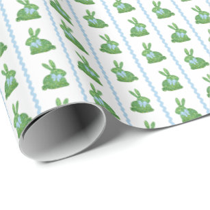 Preppy Boxwood Bunny Boy Blue Ribbon Baby Shower Wrapping Paper