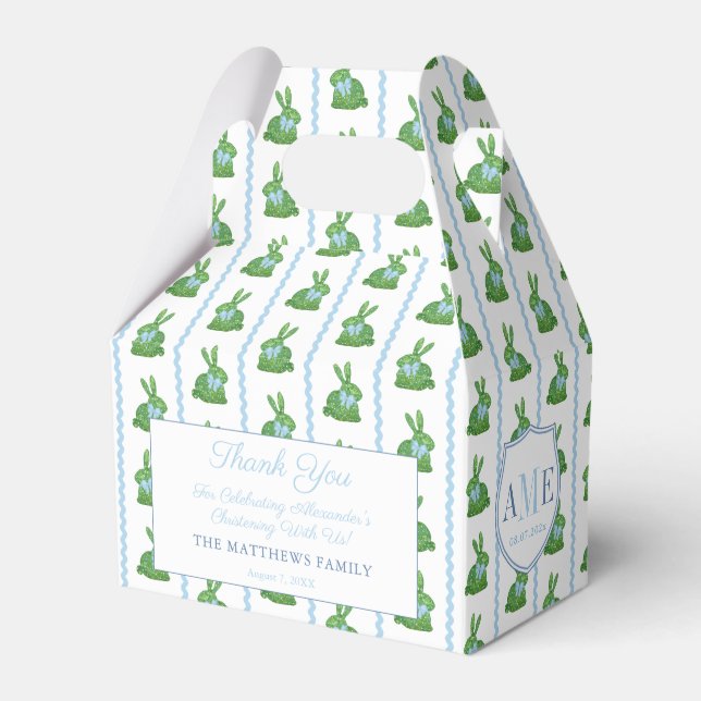 Preppy Boxwood Bunny RicRac Boy Christening Party Favor Boxes (Front Side)