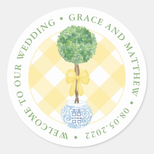 Preppy Boxwood Green Yellow Welcome To Our Wedding Classic Round Sticker