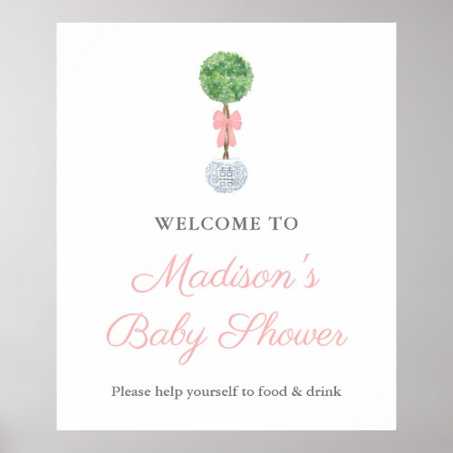 Preppy Boxwood Pink Bow Baby Shower Welcome Poster