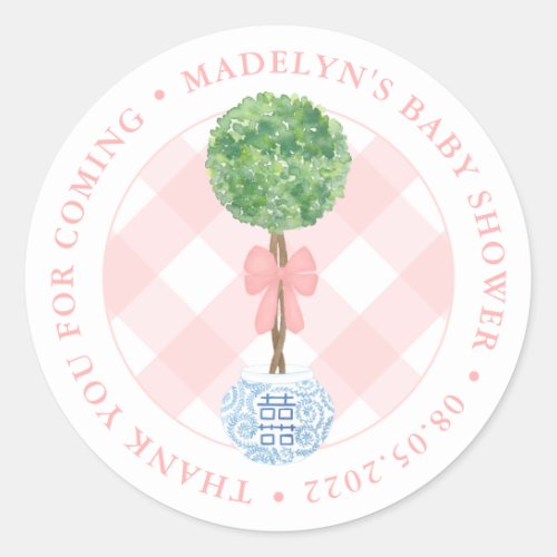 Preppy Boxwood Pink Bow Girl Baby Shower Thank You Classic Round Sticker