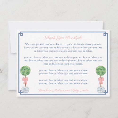 Preppy Boxwood Pink Bow Little Girl Baby Shower Thank You Card