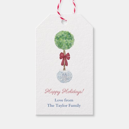 Preppy Boxwood Red Green Blue Happy Holidays Gift Tags - Boxwood Topiary Tree With Red Bow In Ginger Jar Planter. Elements handpainted by me in watercolor.  The reverse side has a "Greek Key" pattern backer. You can change the contrast color on the reverse (shown here as a green) to any color you like by entering the design tool (underneath the text customization area, click to "customize further") then changing the background color on the reverse.