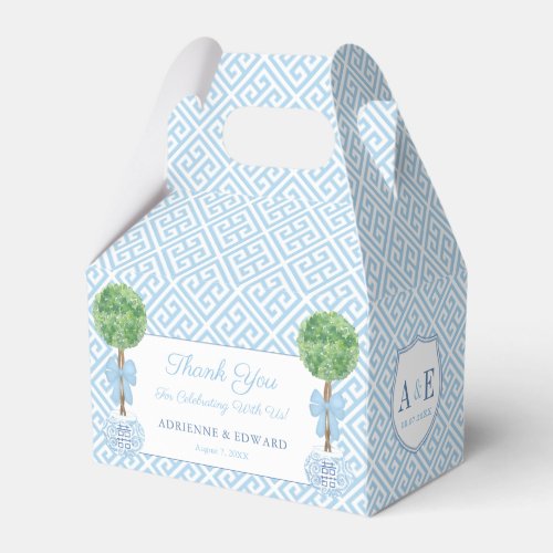 Preppy Boxwood Topiary Monogram Blue Green Wedding Favor Box - Stylish favor boxes with a sky blue and white Greek Key pattern background, the couple's monogram crest on each side, and boxwood topiary on the front panel, together with the personalized text. 