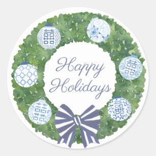 Preppy Boxwood Wreath Happy Holidays Envelope Seal