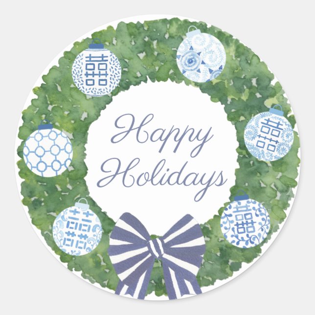 Preppy Boxwood Wreath Happy Holidays Envelope Seal (Front)