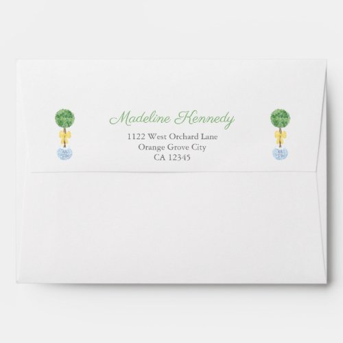 Preppy Boxwood Yellow Bow Spring Return Address Envelope - Envelope design with a fresh yellow and white gingham check liner and the name / address flanked by boxwood topiary decorated with a yellow bow. This watercolor element was handpainted by me. This design matches my boxwood topiary/ yellow range of stationery.