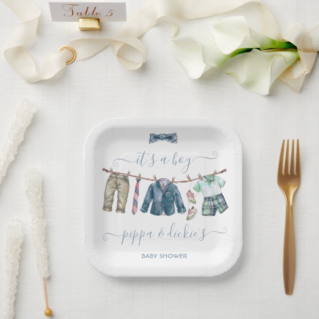 Preppy Boy clothesline Baby Shower Paper Plates (Wedding)