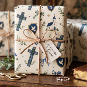Preppy Boy Faith Dove, Bible and Church Pattern Wrapping Paper Sheets