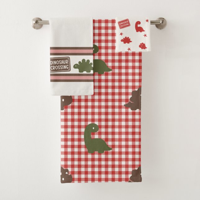 Preppy Boys Dinosaur Gingham -  Brown Green & Red Bath Towel Set (Insitu)
