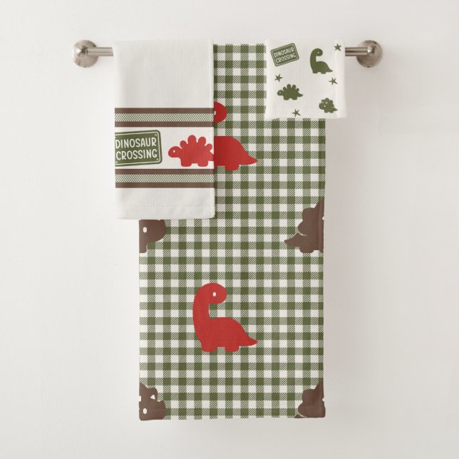 Preppy Boys Dinosaur Gingham -  Brown Red & Green Bath Towel Set (Insitu)