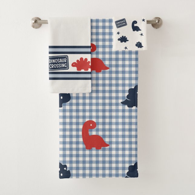 Preppy Boys Dinosaur Gingham - Navy Red & Blue Bath Towel Set (Insitu)