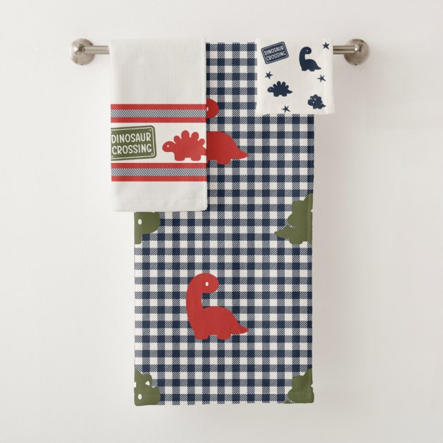 Preppy Boys Dinosaur Gingham -  Red & Navy Bath Towel Set (Insitu)