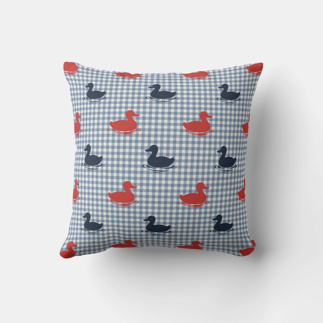 Preppy Boys Duck & Gingham Navy Red Smoke Blue Throw Pillow (Back)